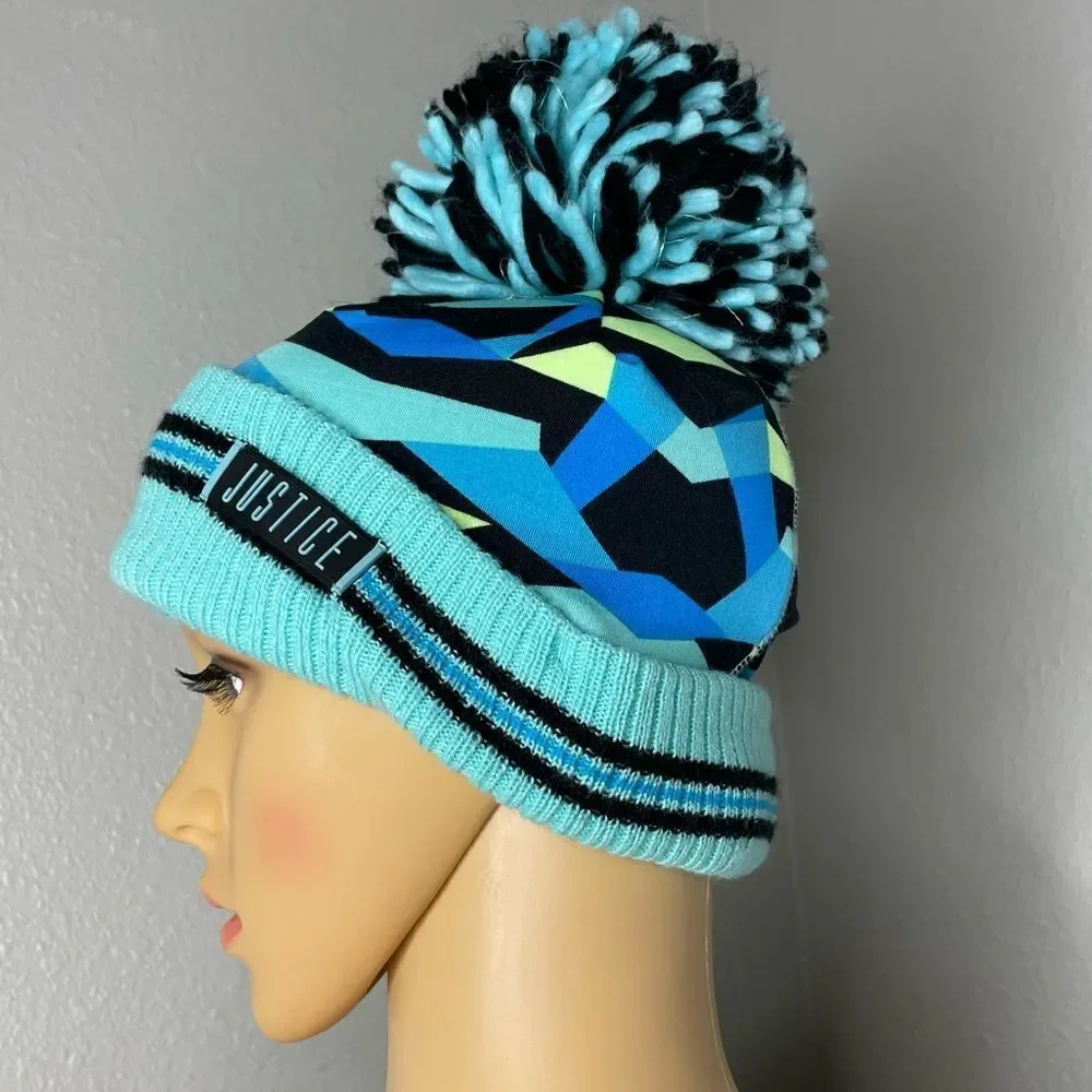 Justice Aqua Blue Teal Knit Beanie Cap With Ponytail Hole